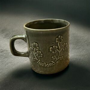 Vintage Knock Pottery Mug Green Irish Ireland Clover Small Handle Celtic Espress